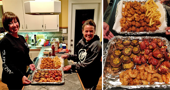 Kelly Girouard (l) and Kelley Prince (r)&nbsp;show off our Thursday seafood dinner.