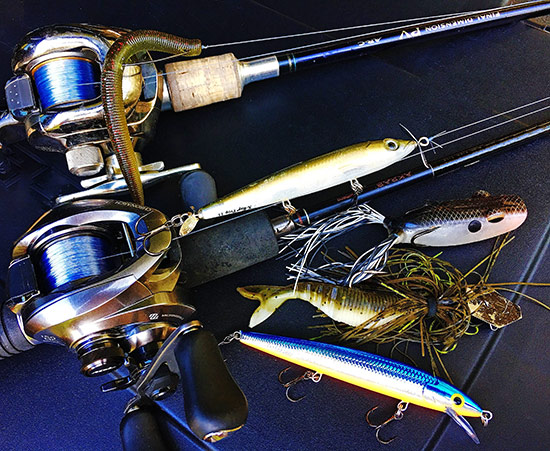 These were my best baits during the event. Included (top to bottom) are a 5" Senko, Rapala X-Rap Prop, Terminator Popping Frog, Chatterbait with Zako trailer and Rapala Husky Jerk.