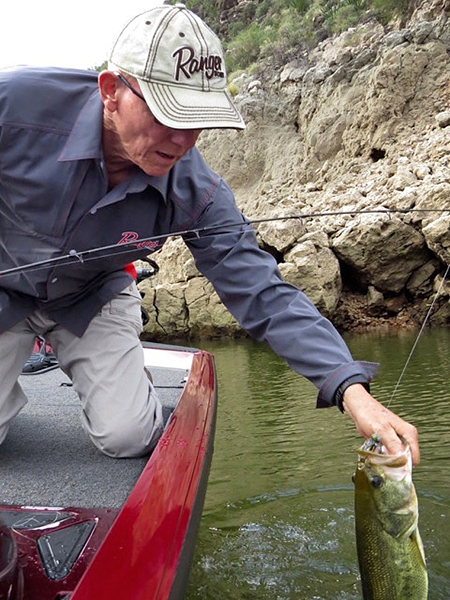 This big bass took a Hula Grub on a football head jig, hopped down the cliffs.
