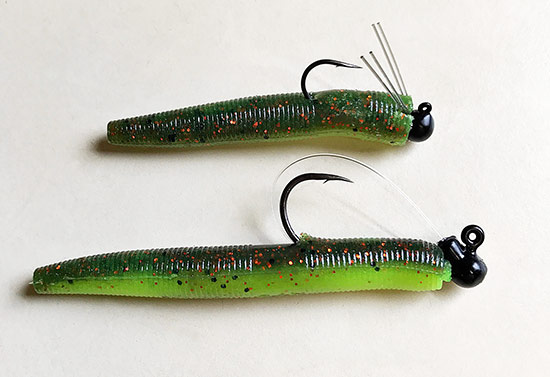 Shown above is Larry's preferred rigging of the 3" Fat Senko (trimmed) on a Hayabusa Brush Easy jighead as well as a full-size 3" Fat Senko rigged on a Gary's Rig jighead.