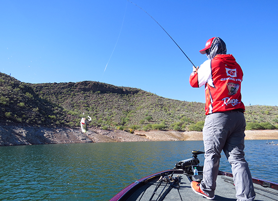 With a clear, high pressure day like this, Tai downsizes and slows his baits