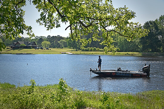 Bassmaster Elite angler Brandon Card fishes shallow at Sugoi Lodge in Mineola, TX