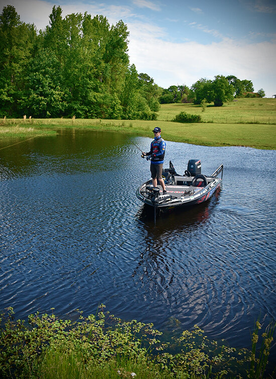 Bassmaster Elite angler Brandon Card fishes shallow at Sugoi Lodge in Mineola, TX