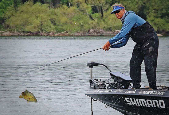 Battling an airborne smallie in the 4-pound class.