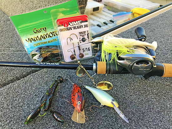 These were my best producers o Grand Lake. They include (L-R)&nbsp; VMC Swingin' Rugby Jig with Yamamoto Psycho Dad, Luhr-Jensen Speed Trap, Rapala Shad Rap and Hildebrandt Tin Roller spinnerbait (above).
