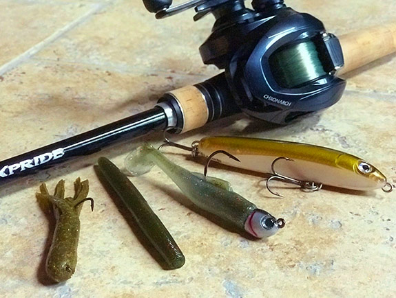 (R-L) Rapala Skitter V, Hildebrandt swimbait, 4" Senko, and tube jig were my most productive lures during the event.
